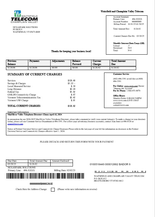 USA Waitsfield Telecom business utility bill template in Word and PDF formats